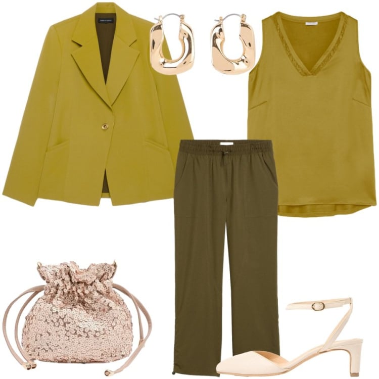 Outfit donna - Total look #2408536. Stile Casual chic per Tutti i giorni. Abbinamento con pantaloni, orecchini, décolleté, pochette, top, blazer.