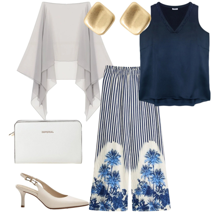 Outfit donna - Inviti estivi. per Tutti i giorni. Abbinamento con pantaloni a palazzo, décolleté, cappe, borse a tracolla, orecchini, top.