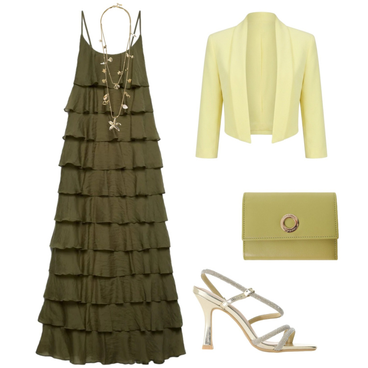 Outfit donna - Battesimo. per Cerimonia. Abbinamento con vestiti lunghi, bolero, portafogli, collane, sandali col tacco.