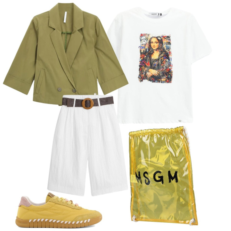 Outfit donna - In città. Stile Casual chic per Tutti i giorni. Abbinamento con zaini, bermuda, blazer, t-shirt, sneakers.