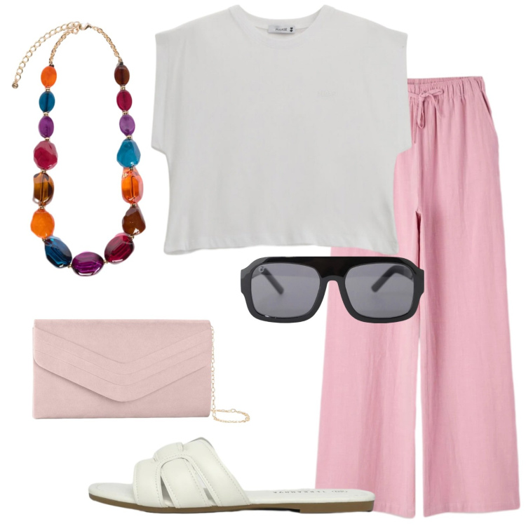 Outfit donna - Caldo improvviso. Stile Casual chic per Tutti i giorni. Abbinamento con clutch, pantaloni, ciabatte, occhiali da sole, top, collane.