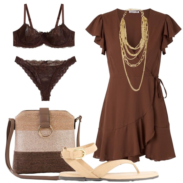 Outfit donna - Abito corto estivo. Stile Sexy per Tutti i giorni. Abbinamento con reggiseni, culotte, borse a tracolla, sandali, vestiti corti, collane.