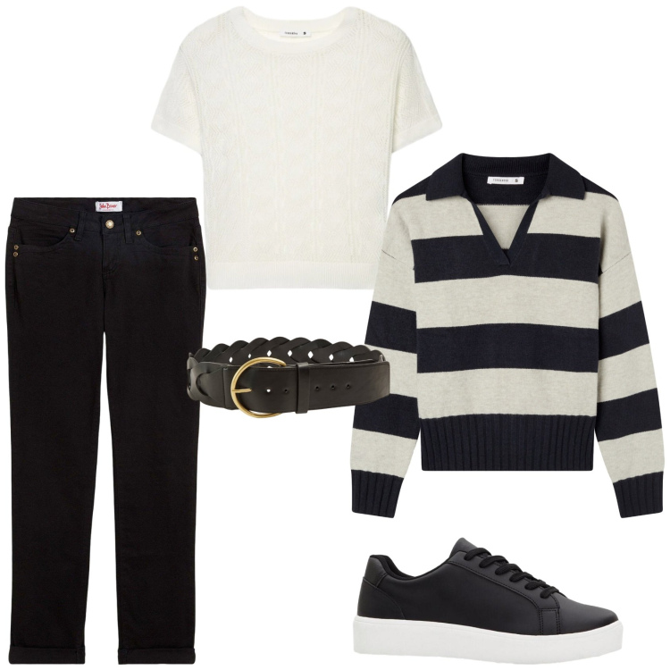Outfit donna - Casual a righe. Stile Casual per Tutti i giorni. Abbinamento con jeans dritti, sneakers, maglieria, cinture, t-shirt.