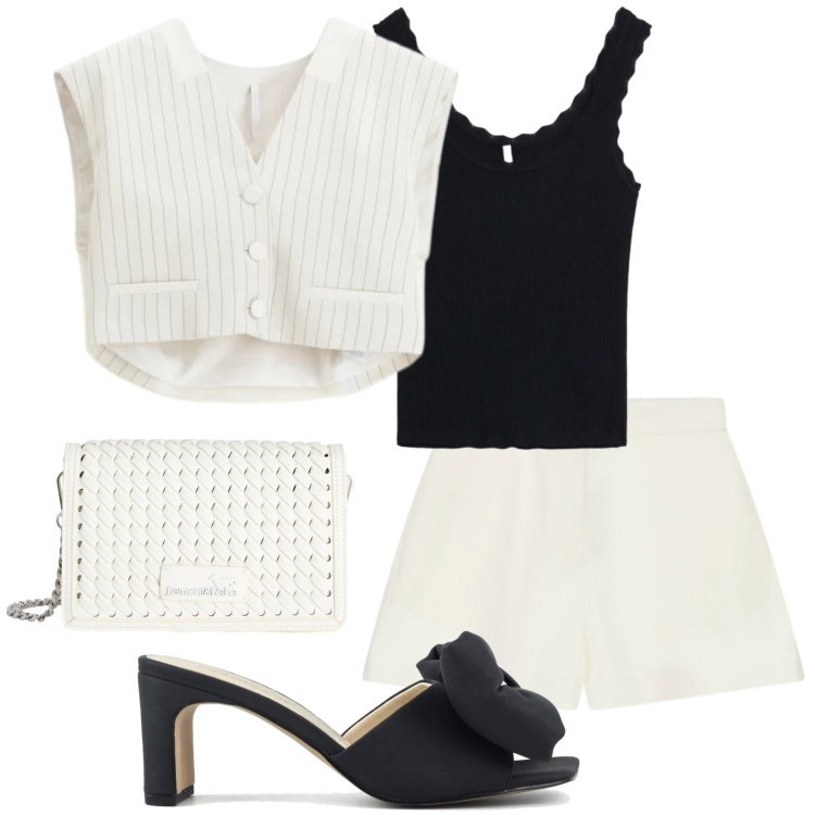 Outfit donna - Black and White Giugno. Stile Glamour per Serata fuori. Abbinamento con borse a tracolla, shorts, canottiere, gilet, sandali col tacco.