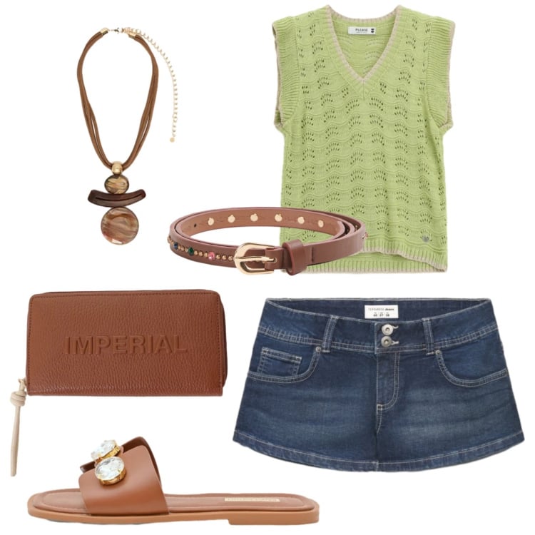 Outfit donna - Dettagli cuoio. Stile Casual per Mare. Abbinamento con shorts, cinture, sandali gioiello, portafogli, top, ciondoli.