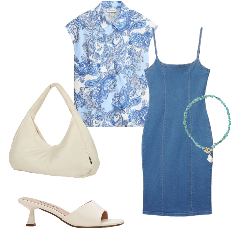 Outfit donna - Abito in jeans. Stile Casual chic per Tutti i giorni. Abbinamento con ciabatte, camicie a manica corta, vestiti midi/longuette, collane, borse a spalla.