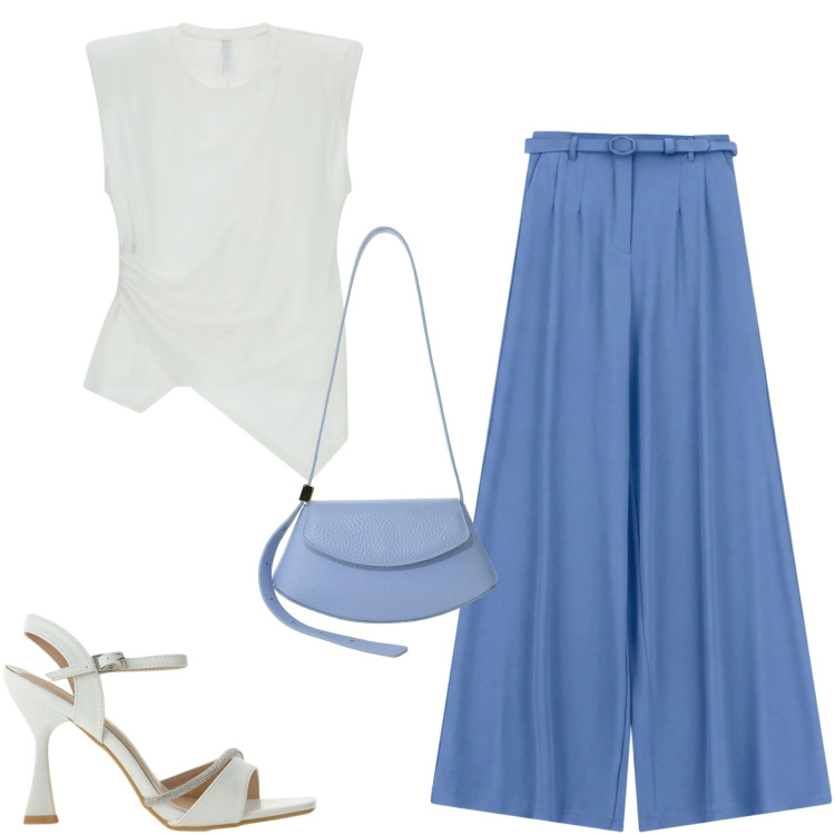 Outfit donna - In ufficio. Stile Casual chic per Ufficio. Abbinamento con top, pantaloni a palazzo, sandali gioiello, borse a spalla.