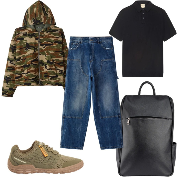 Outfit uomo - Total look #2408598. Stile Casual per Tutti i giorni. Abbinamento con sneakers, felpe con cappuccio, jeans dritti, borse sportive, polo.