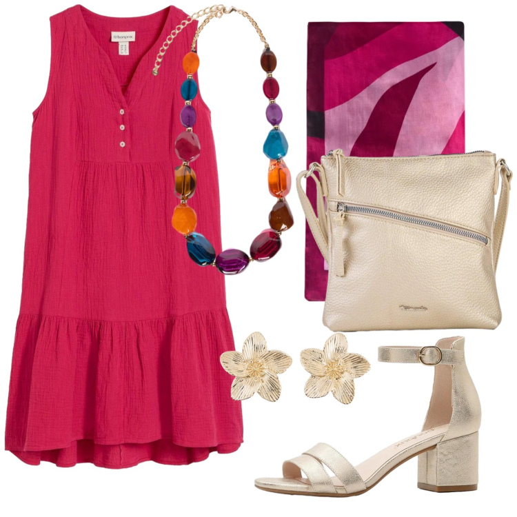 Outfit donna - Seratina all\'aperto. Stile Romantica per Serata fuori. Abbinamento con vestiti, sandali col tacco, borse a tracolla, orecchini, foulard, collane.