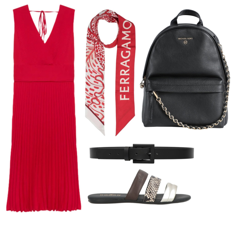 Outfit donna - Pranzo in centro. Stile Chic per Tutti i giorni. Abbinamento con zaini, sandali in pelle, sciarpe, cinture, vestiti midi/longuette.