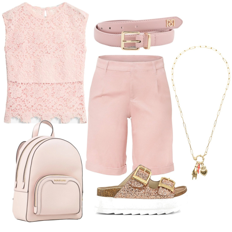 Outfit donna - Comodo ed elegante. Stile Casual chic per Tutti i giorni. Abbinamento con zaini, bermuda, canottiere, cinture, ciondoli, sandali.