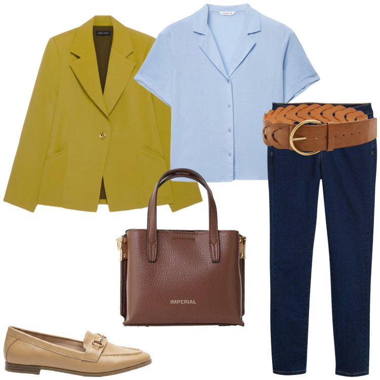 Outfit donna - Un outfit per l\'ufficio. Stile Casual chic per Ufficio. Abbinamento con jeans slim fit, mocassini, cinture, camicie a manica corta, borse a tracolla, blazer.