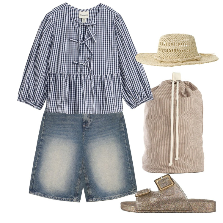 Outfit donna - Look da giornata all’aperto - Focus Donn. Stile Casual per Tutti i giorni. Abbinamento con bluse, zaini, pantaloni corti, cappelli, sandali.