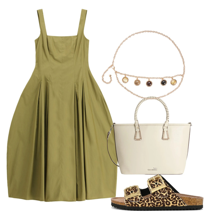 Outfit donna - Look da giornata all’aperto - Focus Donn. Stile Bon Ton per Tutti i giorni. Abbinamento con cinture, shopping bag, vestiti midi/longuette, sandali in pelle.