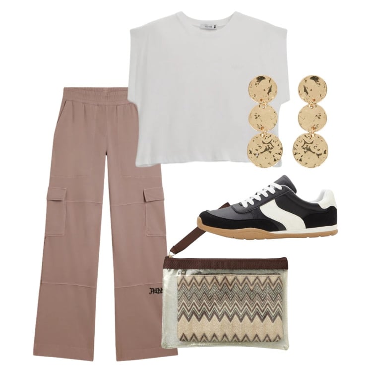Outfit donna - Look da giornata all’aperto - Focus Donn. Stile Bon Ton per Tutti i giorni. Abbinamento con sneakers, pochette, top, pantaloni cargo, orecchini.