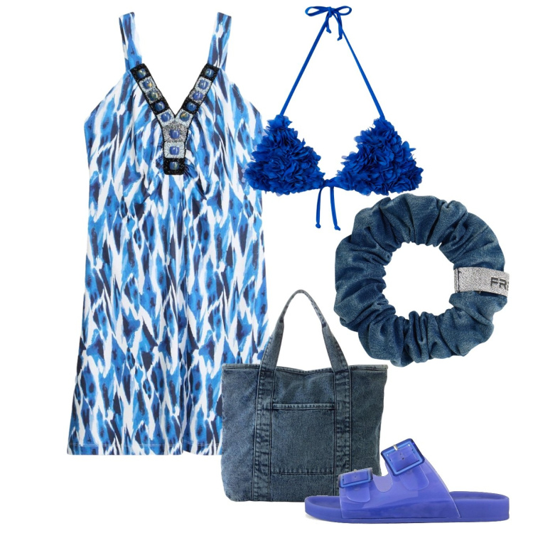 Outfit donna - Look da giornata all’aperto - Focus Donn. Stile Chic per Mare. Abbinamento con shopping bag, vestiti, bikini, accessori per capelli, sandali.