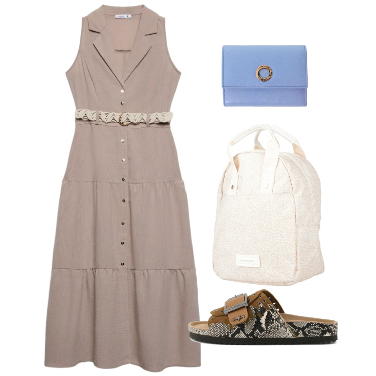 Outfit donna - Look da giornata all’aperto - Focus Donn. Stile Bon Ton per Tutti i giorni. Abbinamento con zaini, vestiti chemisier, portafogli, sandali.