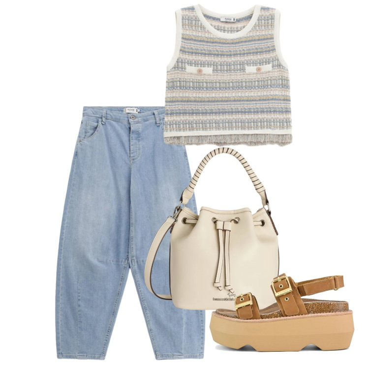 Outfit donna - Look da giornata all’aperto - Focus Donn. Stile Casual per Tutti i giorni. Abbinamento con borse a secchiello, jeans, top, sandali col tacco.