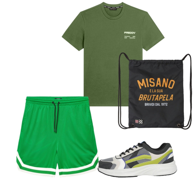 Outfit uomo - Sport. Stile Casual per Sport. Abbinamento con borse sportive, sneakers, bermuda, t-shirt.