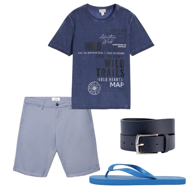 Outfit uomo - Maggio in blu. Stile Casual per Tutti i giorni. Abbinamento con t-shirt, shorts, sandali, cinture.