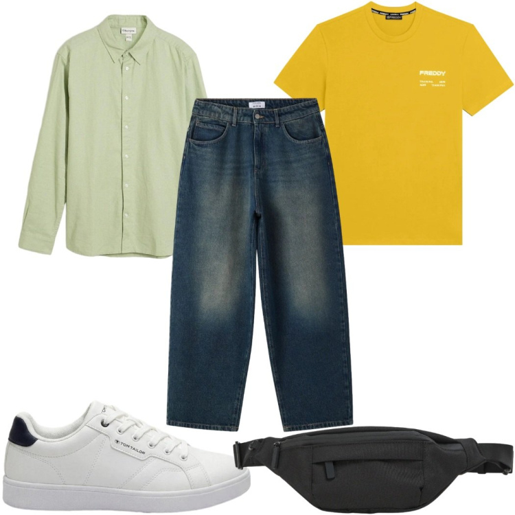 Outfit uomo - Total look #2408621. Stile Trendy per Tutti i giorni. Abbinamento con camicie, sneakers, jeans, borse sportive, t-shirt.