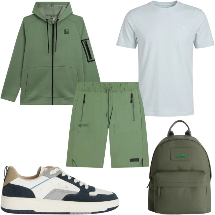 Outfit uomo - Total look #2408622. Stile Casual per Tutti i giorni. Abbinamento con borse sportive, t-shirt, sneakers, bermuda, felpe con cappuccio.
