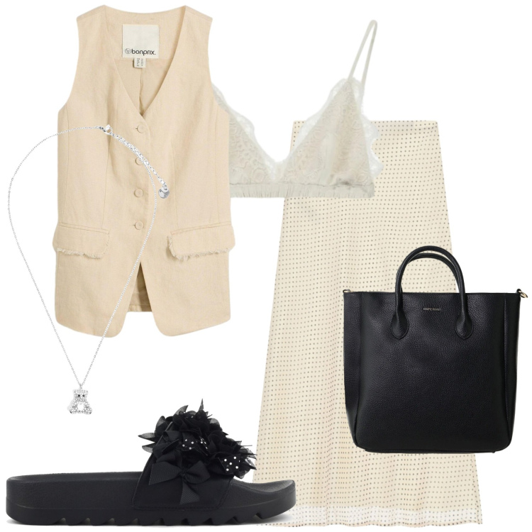 Outfit donna - Calda leggerezza. Stile Casual chic per Tutti i giorni. Abbinamento con gilet, reggiseni, gonne lunghe, borse a tracolla, ciondoli, ciabatte.