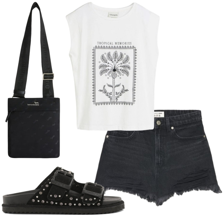 Outfit donna - Total look #2408629. Stile Casual per Mare. Abbinamento con canottiere, shorts, borse a tracolla, sandali in pelle.
