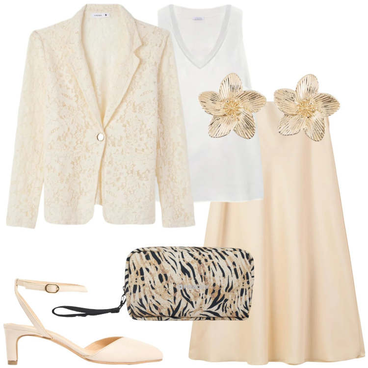 Outfit donna - Toni neutri luminosi. Stile Casual chic per Tutti i giorni. Abbinamento con décolleté, orecchini, blazer, gonne lunghe, valigie, top.