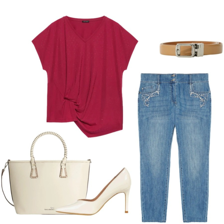 Outfit donna - Total look #2408643. Stile Casual chic per Tutti i giorni. Abbinamento con décolleté, cinture, shopping bag, t-shirt, jeans skinny.
