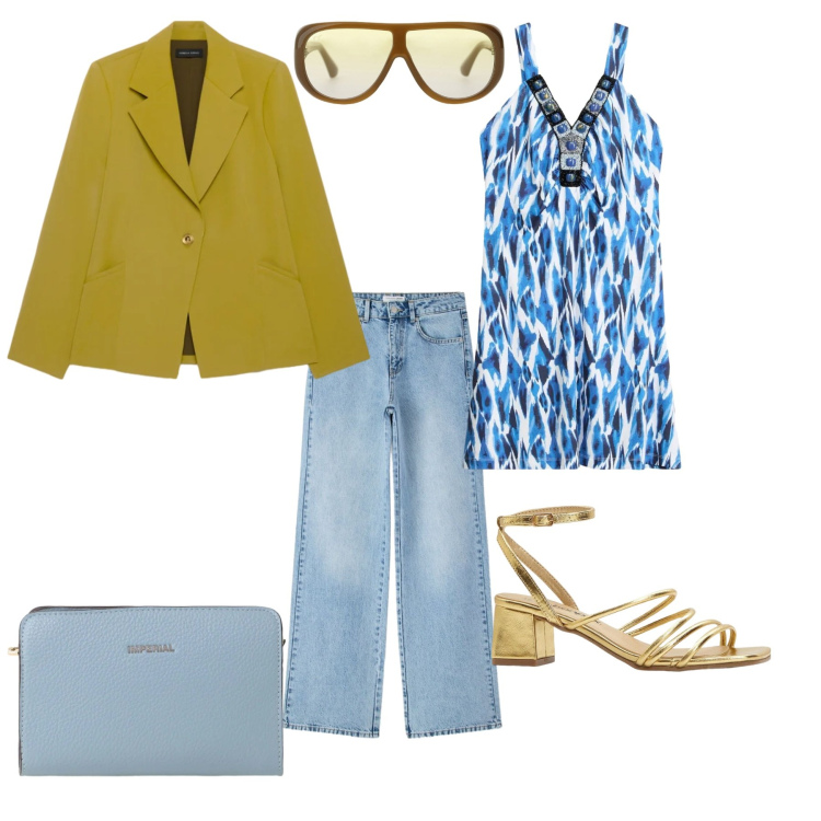 Outfit donna - Un po' di azzurro. Stile Basic per Tutti i giorni. Abbinamento con occhiali da sole, borse a tracolla, blazer, jeans dritti, sandali col tacco, vestiti.