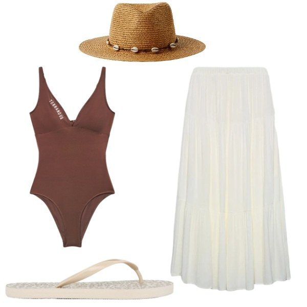 Outfit donna - al mare con stile. Stile Boho per Mare. Abbinamento con cappelli, gonne lunghe, costumi interi, infradito.