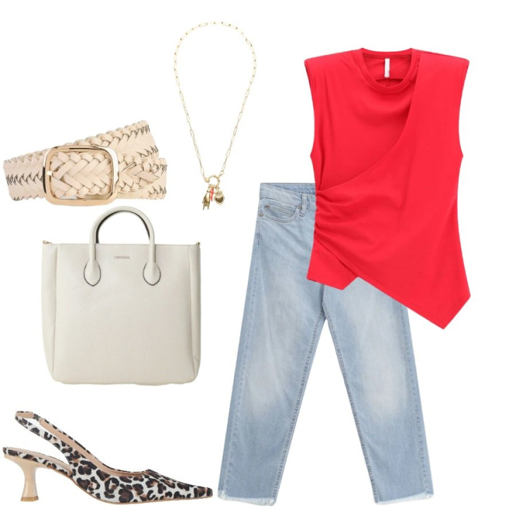 Outfit donna - Total look #2408649. Stile Casual chic per Tutti i giorni. Abbinamento con décolleté, cinture, top, borse a tracolla, jeans, ciondoli.