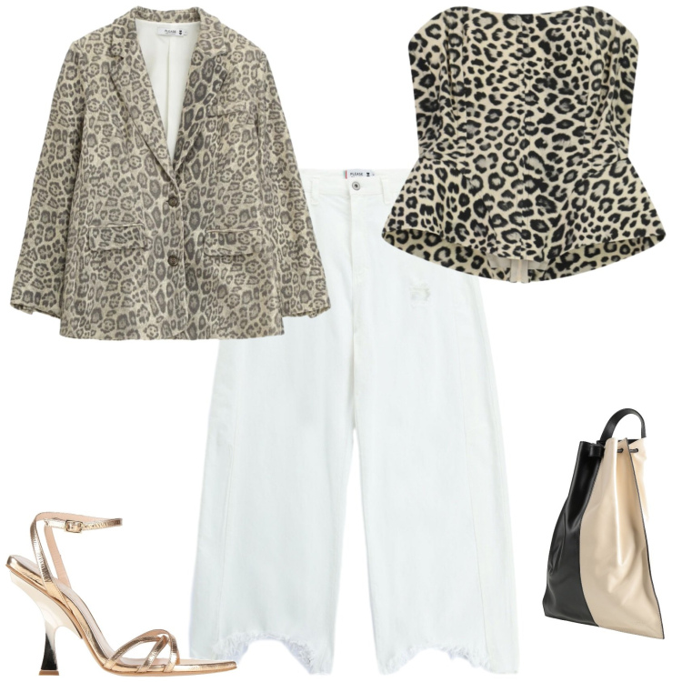 Outfit donna - Casual chic serata evento speciale. Stile Casual chic per Serata fuori. Abbinamento con sandali in pelle, zaini, top, pantaloni a palazzo, blazer.