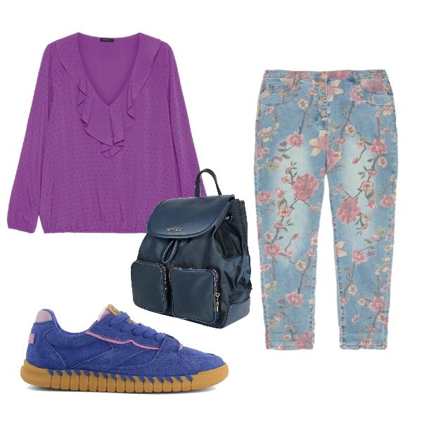 Outfit donna - la primavera addosso. Stile Casual chic per Scuola/Università. Abbinamento con zaini, bluse, jeans, sneakers.