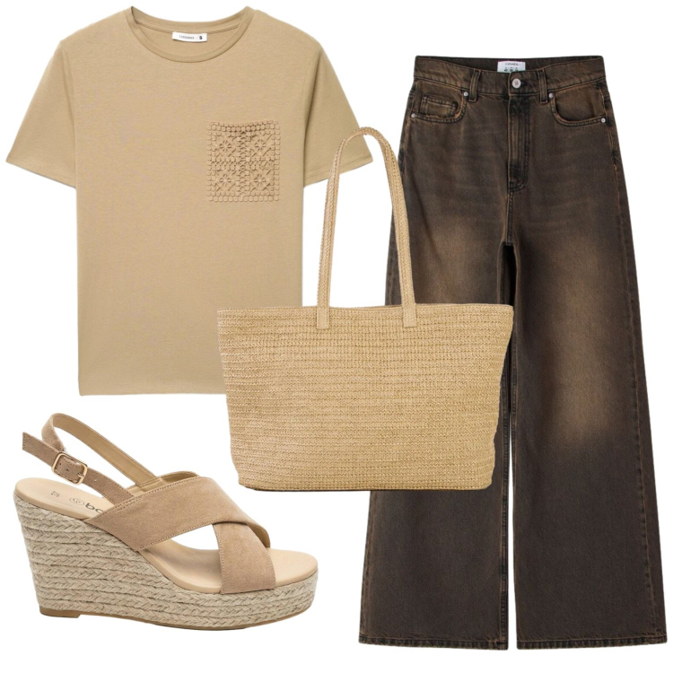 Outfit donna - Total look #2408654. Stile Casual per Tutti i giorni. Abbinamento con shopping bag, sandali col tacco, jeans, t-shirt.