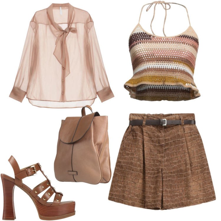 Outfit donna - Aperitivo serata. Stile Etnico per Serata fuori. Abbinamento con sandali in pelle, top, zaini, camicie, bermuda.