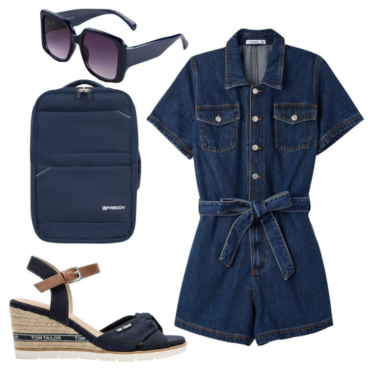 Outfit donna - Total look #2408656. Stile Casual chic per Tutti i giorni. Abbinamento con sandali col tacco, occhiali da sole, tuta corta, zaini.