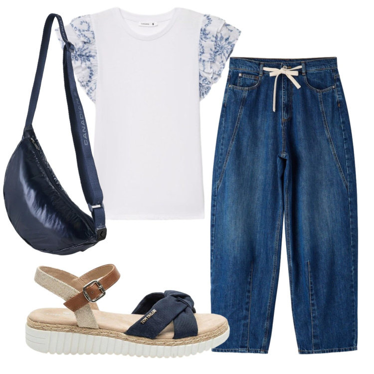 Outfit donna - Total look #2408658. Stile Casual chic per Scuola/Università. Abbinamento con sandali, jeans, t-shirt, borse a tracolla.