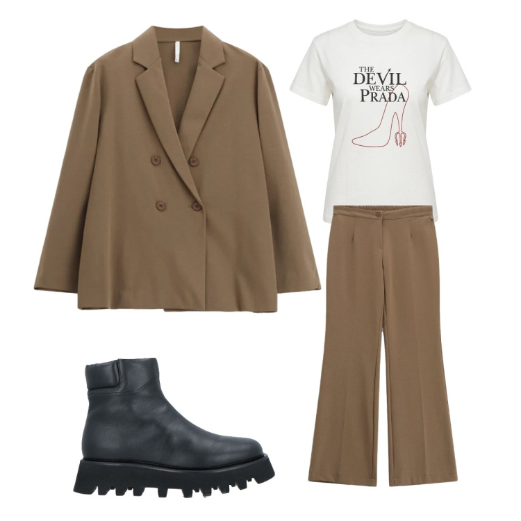 Outfit donna - Maggio color terra. Stile Mannish per Ufficio. Abbinamento con stivaletti, pantaloni a palazzo, blazer, t-shirt.