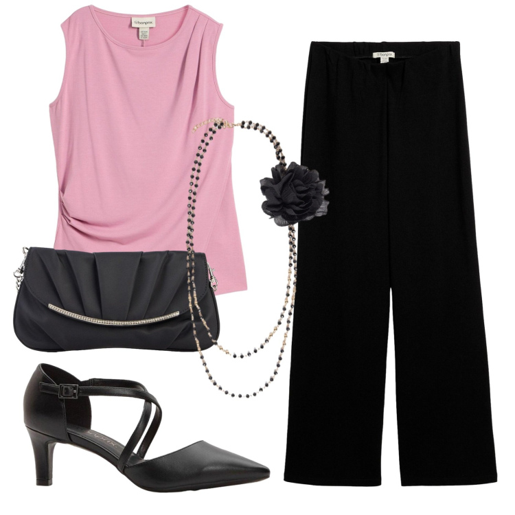 Outfit donna - Total look #2408663. Stile Chic per Serata fuori. Abbinamento con top, pantaloni, décolleté, clutch, collane.