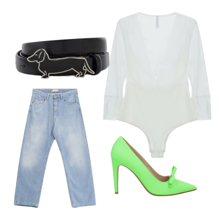 Outfit donna - Romantica e fluo. Stile Romantica per Scuola/Università. Abbinamento con décolleté, top, cinture, jeans.