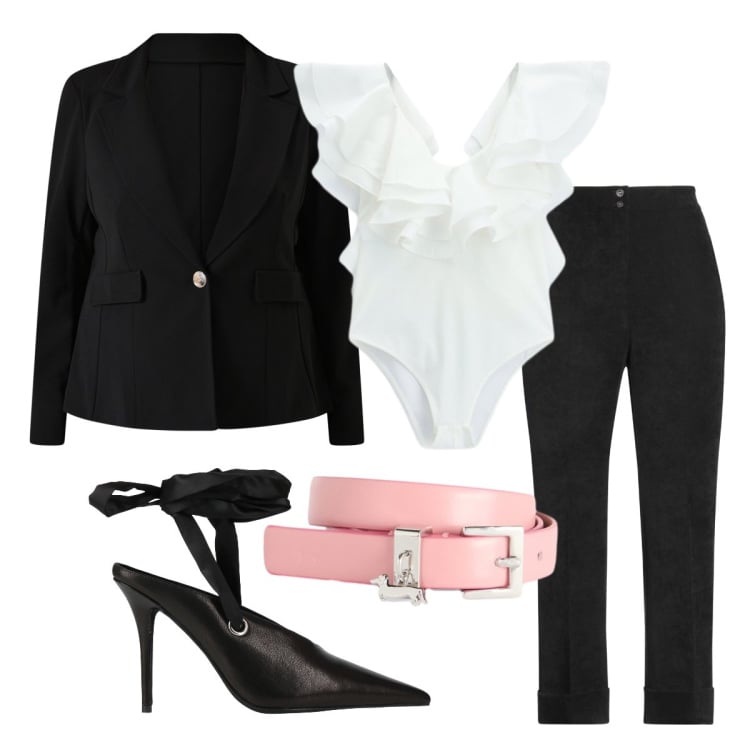 Outfit donna - Layering curvy. Stile Mannish per Cerimonia. Abbinamento con pantaloni, décolleté, blazer, body, cinture.