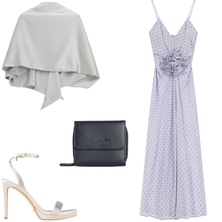 Outfit donna - L\'abito da sera. Stile Glamour per Cerimonia. Abbinamento con sandali col tacco, vestiti lunghi, scialli, portafogli.