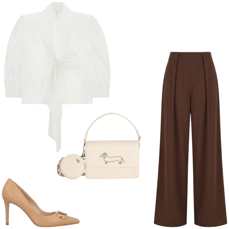 Outfit donna - Il completo per una cerimonia. Stile Glamour per Cerimonia. Abbinamento con décolleté, pantaloni a palazzo, camicie, borse a tracolla.