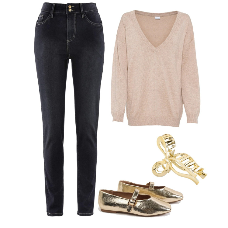 Outfit femme - Ballerines dorées. Style Basique pour Tous les jours. Assortir avec pulls, jean slim, accessoires pour cheveux, ballerines.
