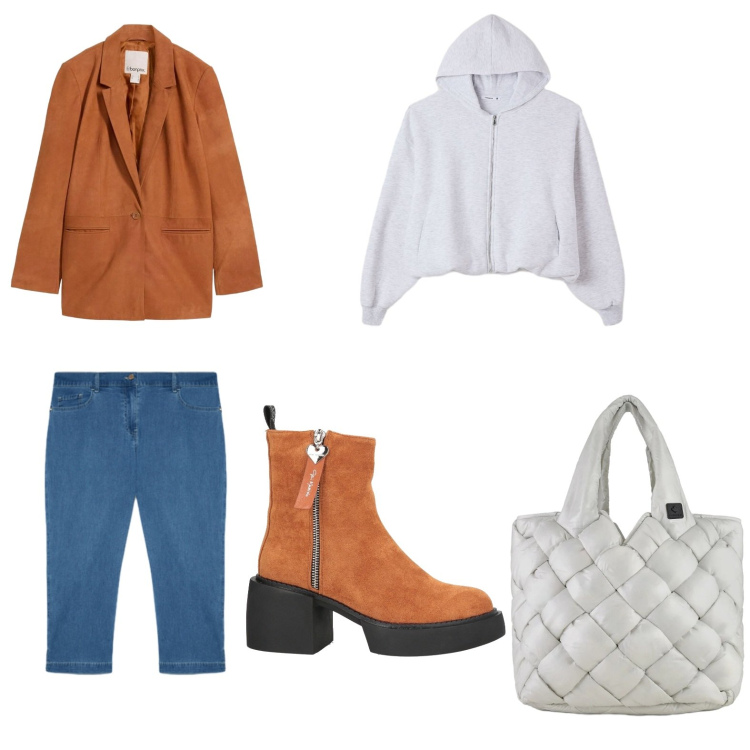 Outfit donna - Inverno. Stile Casual per Tutti i giorni. Abbinamento con stivaletti, blazer, felpe con cappuccio, jeans dritti, borse tote.