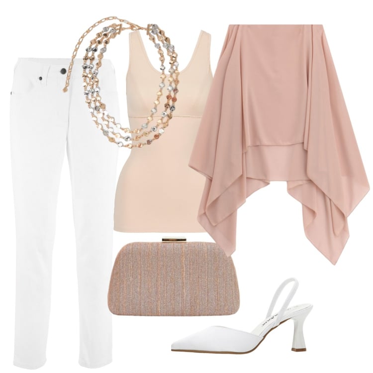 Outfit donna - Luminosa. Stile Chic per Serata fuori. Abbinamento con top, pantaloni, décolleté, pochette, cappe, collane.