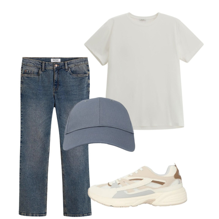 Outfit uomo - Maggio. Stile Casual per Tutti i giorni. Abbinamento con jeans bootcut, sneakers, cappelli con visiera, t-shirt.