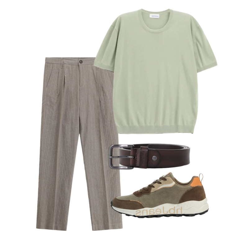 Outfit uomo - Stile rilassato di maggio. Stile Trendy per Tutti i giorni. Abbinamento con pantaloni, t-shirt, cinture, sneakers.
